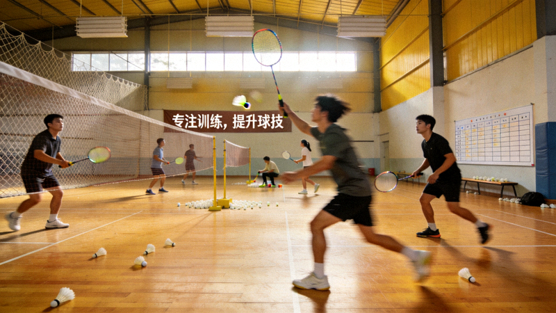 羽毛球训练馆内运动员正在训练